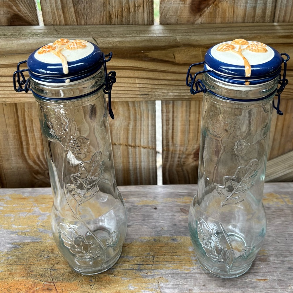2 Vintage Porcelain Top Air Tight Tall Glass Pasta Jars, Acorn Design by MSRF